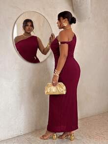 Firerie Brown Fitted Asymmetrical Shoulder Metal Decor Cinched Waist Bodycon Plus Size Women Long Dress/Elegant Commute Office Workplace Outfit Siren Style High-End Banquet Outfit Metal Buckle Decor Wrap-Around Long Dress/Prom/Wedding Season/Valentine's Day/Party/Sexy/Commute/Elegant Romantic/Birthday Party Outfit - Burgundy - View 4