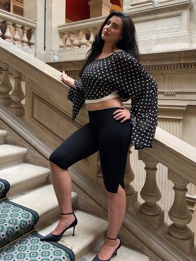 ⁠kyraskinnerx Women's Black And White Polka Dot Summer Elegant Party Night Asymmetrical Neck Split Sleeve Loose Blouse,Casual Commuting Top For Spring & Autumn