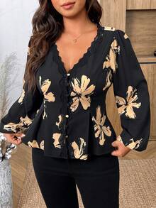 SHEIN Frenchy 大尺碼女款V領花卉圖案蕾絲拼接休閒日常襯衫 - 彩色 - 查看 4