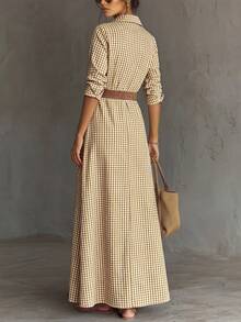 SHEIN Holidaya Spring/Autumn Plaid Cinched Waist Extra Long Pleated Dress, Bohemian Style Fashion Autumn/Winter Dress - Yellow - View 3