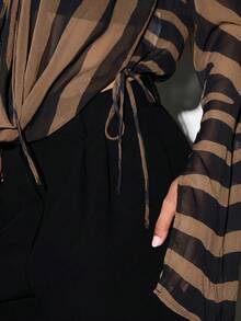 KIZN Sheer Zebra Print V-Neck Blouse With Flared Bell Sleeves And Tie Front Detail - Brown - View 6