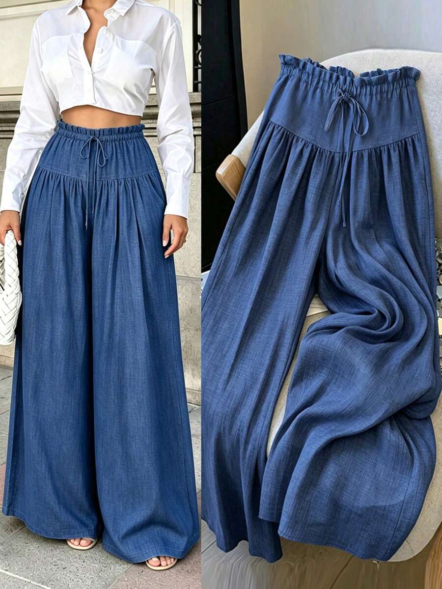 INAWLY New Fashion High-Quality Design Elastic Waist Drawstring Wide Leg Elegant Floor-Length Pants Skirt For Women - Navy Blue - View 1