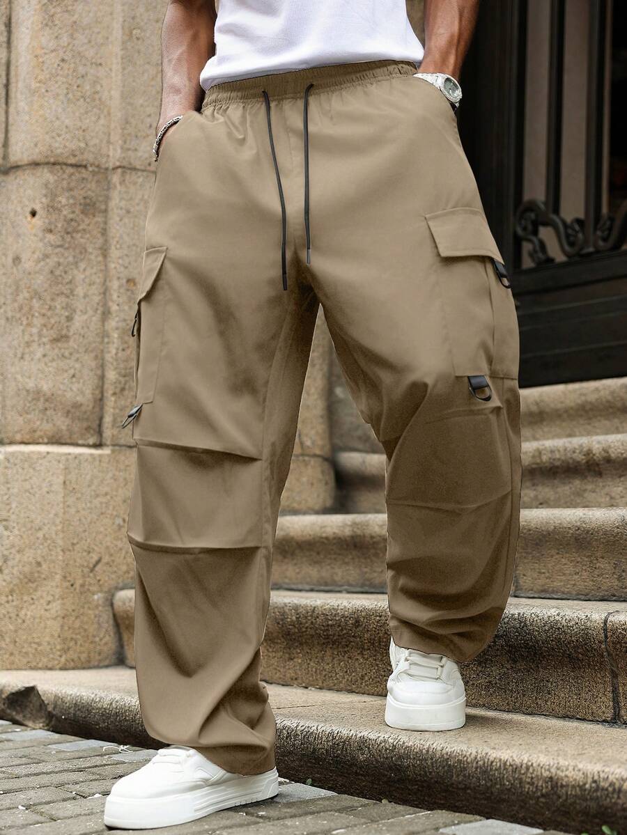 Major Grit Men's Plus Size Solid Color Drawstring Waist Wide Leg Casual Cargo Pants - Khaki - View 1