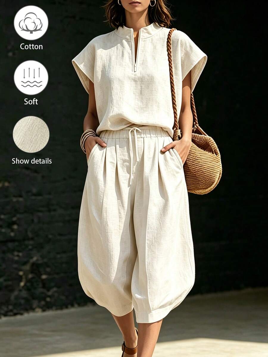 SHEIN Holidaya 新款淺米色水洗亞麻POLO落肩3/4燈籠褲兩件套,休閒度假風,適合度假、日常通勤、旅行 - 米色 - 查看 1
