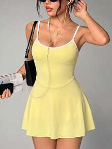 SHEIN Sports Camisole Dress With Detachable Chest Pads, Flared Mini Dress With Separate Shorts, Suitable For Sports And Fitness, Summer Outdoor Activities - Yellow - View 3