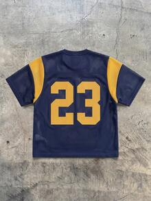 SUMWON Oversized Mesh Football Jersey With Gold Color Block Panels Script Logo Front Number 23 Back Crew Neck Short Sleeve Top,Oversized Jerseys For Men - Royal Blue - View 2