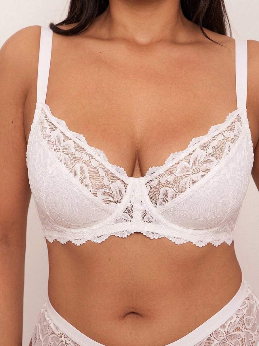 SHEIN BAE CURVE 1 件大码女士蕾丝拼接舒适钢圈文胸,提升型 - 白色 - 查看 1