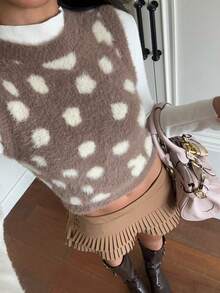 SHEIN EZwear 女款拼色圖案無袖針織上衣 - 駝色 - 查看 7