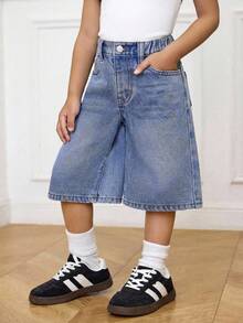 SHEIN Celana Denim Biru 3/4 Gaya Y2K untuk Anak Perempuan, Pakaian Kasual Musim Semi dan Musim Panas untuk Liburan Gaya Pedesaan Boho. - Light Wash - View 5