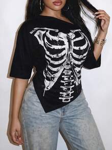 Slaydiva 萬聖節骷髏龐克 Y2K 音樂節大尺碼不對稱單肩 T-shirt，適合派對穿著 - 彩色 - 查看 6