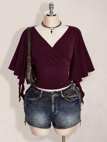 SHEIN ICON Plus Size Women Solid Color V-Neck Pleated Casual Versatile Daily Wear T-Shirt - Maroon - View 3