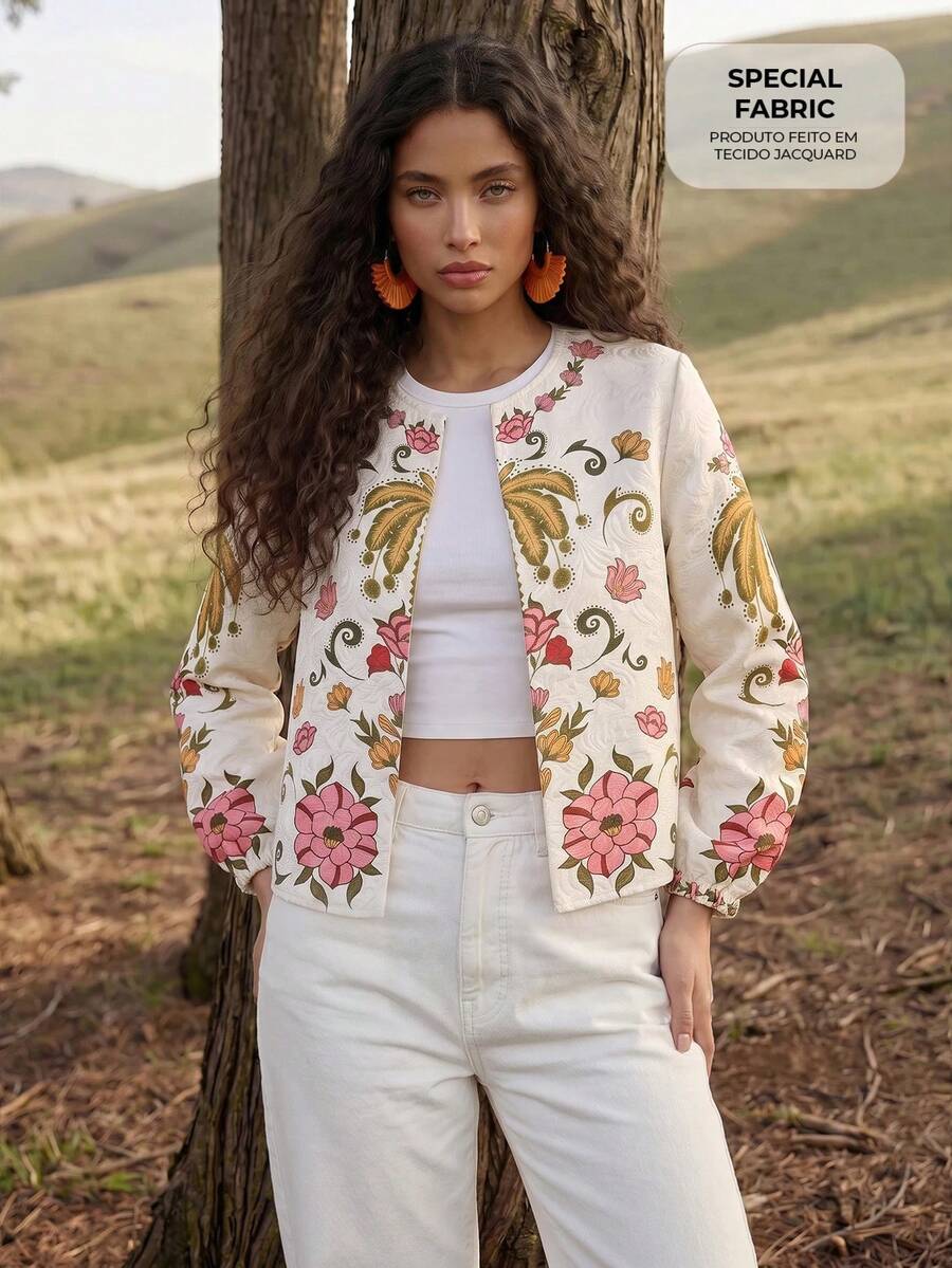 CAJUNI Women's Floral Print Round Neck Open Front Long Sleeve Lightweight Jacket - Multicolor - View 1