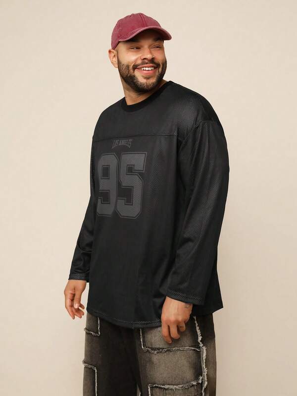 EASEVO Men's Plus Size Long Sleeve Mesh Digital Print Crew Neck T-Shirt