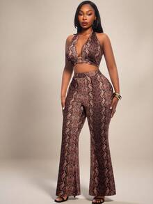 Radiana Plus Size Women's Fashion Sexy 2-Piece Set: Ring Design Snake Print Halter Deep V-Neck Top + Matching Flare Pants Set, Suitable For Party, Daily Wear - Multicolor - View 6