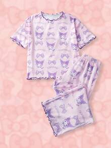 HELLO KITTY AND FRIENDS | SHEIN Tween Girl Cartoon Print Lettuce Trim Short Sleeve Top And Pants Pajama Set - Baby Pink - View 1