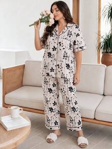 Serenescape Women's Plus Size Floral Plant Print Pajama Set, Lapel Cardigan Style 2 Pieces Loungewear - Apricot - View 1