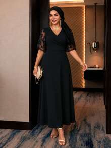 SHEIN Lady CURVE Plus Size Solid Color V-Neck Mesh Patchwork Elegant Dress Black Dress Formal Dress Elegant Dresses For Women Festival Outfits Summer - Black - View 10