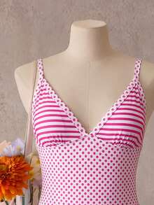 Swim Mod Pakaian Pantai Wanita untuk Liburan Musim Semi/Panas Motif Polkadot Merah Muda dan Putih, Baju Terusan dengan Tali Bahu yang Dapat Diatur, Gaya Tropis yang Imut - MultiWarna - View 5