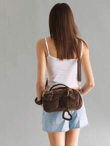 Viva Strut Ladies Fashionable Casual Street Personalized Sweet Cool Spice Y2K, Heart Mirror Pendant Rivet Design, Brown Suede Retro Handbag, Crossbody Bag - Coffee - View 8