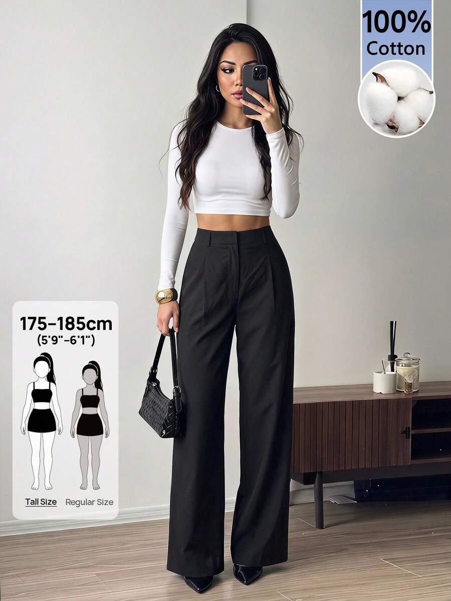 SHEIN Tall 女款休閒商務通勤黑色長褲 - 黑色 - 查看 1