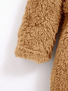 SHEIN 新生男嬰卡通刺繡 3D 耳朵設計連帽收腰泰迪睡袍 秋冬中性色 - 卡其色 - 查看 5
