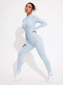 Easithlete Easithlete Women's Solid Color Long Sleeve Zipper Front Athletic Jumpsuit - Dark Grey - View 3