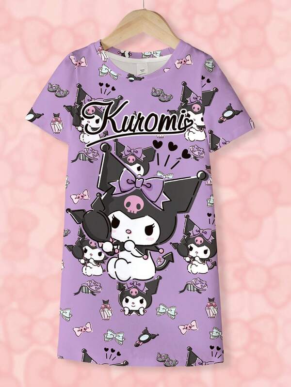HELLO KITTY AND FRIENDS | SHEIN Young Girl Letter & Cartoon Print Short Sleeve Dress