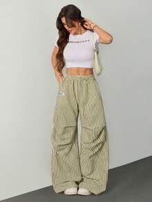 SHEIN Tall Women's Autumn Basic Olive Green Wide Leg Sweatpants Vacation Casual - Olive Green - View 4