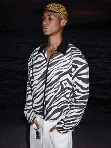 STEELVANCE Men's Casual Jacket, Black And White Zebra Pattern, Zipper Design, Suitable For All Seasons - White - View 5