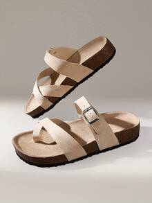 Solecia Women's Adjustable Buckle Casual Beach Slippers For Christmas Summer Shoes - apricot flannel - View 11