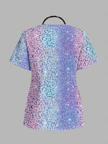 PopScrub Casual Minimalist Scrub Top, Cute Leopard Print Colorful Pattern, Suitable For Work Commute, Pet Hospital - Multicolor - View 2