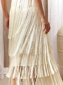 VOLUPTÉ CURVE Women's Spring/Summer Cream White Maxi Dress Sequin V-Neck Sleeveless Fringe Gown, Elegant Party Dinner Wedding Date Guest - Beige - View 8
