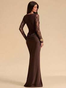 SHEIN BAE Brown Lace Halter Neck High Slit Dress, Suitable For Cocktail Party, Romantic Date, Party, Wedding Bridesmaid Dress, Evening Out Dress - Brown - View 2