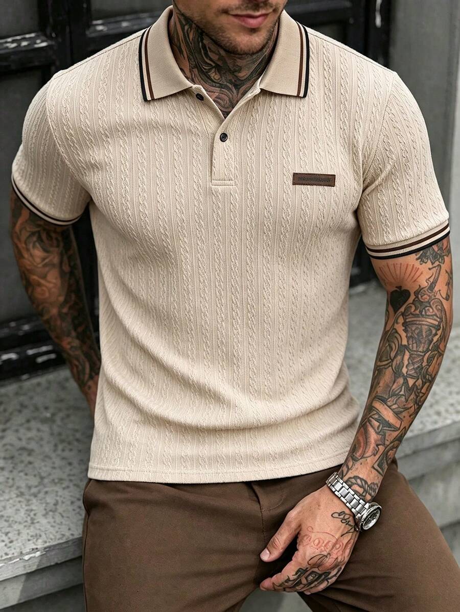 Manfinity CasualCool 男士拼色休閒百搭日常短袖 Polo 衫 - 卡其色 - 查看 1