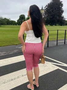 kyraskinnerx Women's Red Plaid Knit Elastic Leggings Summer - Red and White - View 2