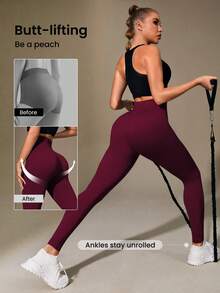 Easithlete Easithlete Solid Color High Waist Seamless Athletic Leggings - Cherry Red - View 4