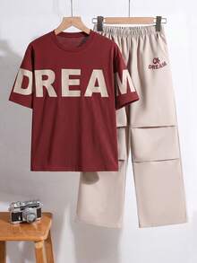 SHEIN 青少年男孩字母印花T恤與長褲2件套 - 彩色 - 查看 3