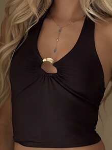 Theaadoraa Vintage Sexy Cami Top With Deep V-Neck Metal Buckle Decor Casual Summer - Brown - View 5