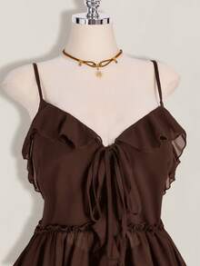 SHEIN ICON Plus Size Women's Ruffle Chiffon Solid Color Tie Strap Camisole - Brown - View 3