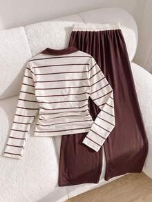 SHEIN Explorewe 青少年女孩秋季休閒條紋T恤與長褲套裝 - 彩色 - 查看 2