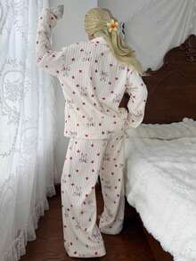 DAZY Winter Cute Bow & Bear Pattern All-Over Print Plush Women's Pajama Set Fall - Blue - View 2