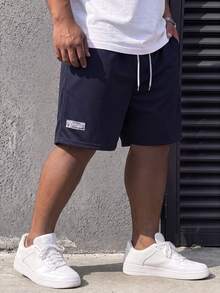 DRIVNCORE Plus-Size Men's Solid-Colored Patchwork Drawstring Casual Shorts For Summer - Navy Blue - View 3