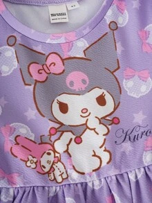 HELLO KITTY AND FRIENDS | SHEIN 女童圓領卡通印花百褶休閒日常洋裝 - 紫色 - 查看 5
