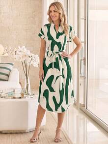 EMERY ROSE Color Block V-Neck Batwing Sleeve Casual Dress - Green - View 1