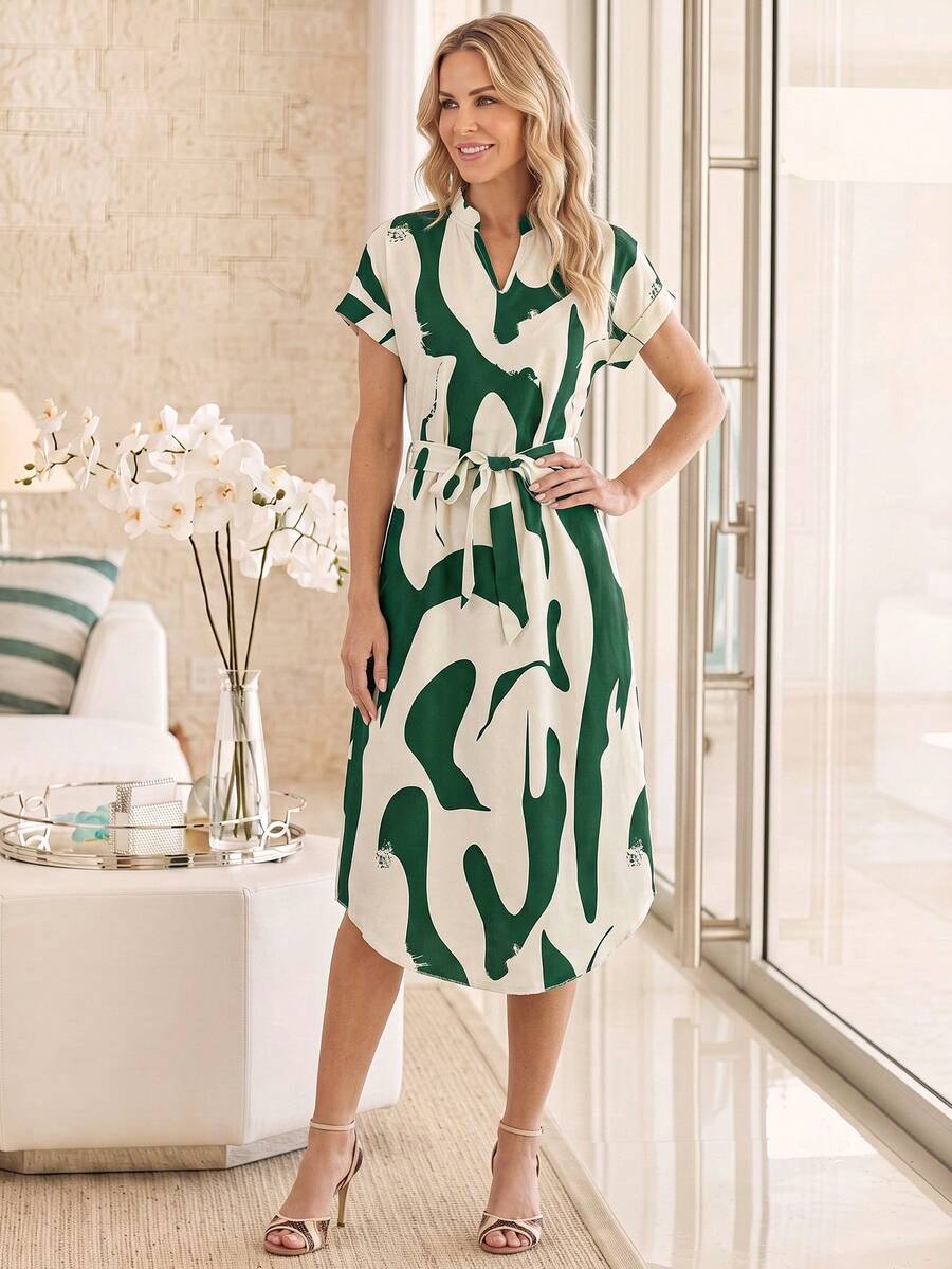 EMERY ROSE Color Block V-Neck Batwing Sleeve Casual Dress - Green - View 1