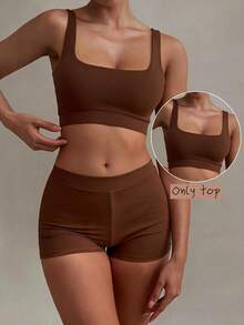 YARNWELL Women's Solid Color Cropped Swim Top, Suitable For Summer Vacation And Beach - Brown - View 4