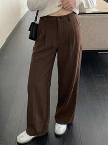 DAZY Celana Panjang Wanita Warna Polos Plisket Kasual Serbaguna untuk Harian Musim Gugur Kerja Kantor Cokelat Tua - Coffee Brown - View 3