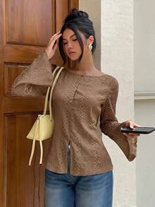 Siren Gaze Blus Lengan Panjang Bordir Terbaru untuk Wanita, Cocok untuk Semua Musim - Khaki - View 2