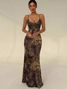 Aloruh Spring/Summer Vacation Spaghetti Strap Tie-Up Fitted Sexy Printed Women's Dress - Brown - View 5