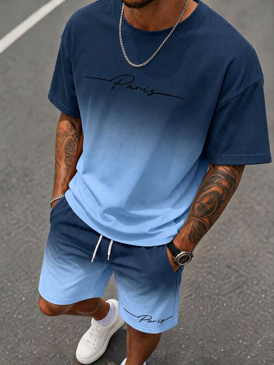Sorvial Men's Letter Print Gradient Color Short Sleeve T-Shirt And Shorts Casual Daily Outfit - Blue - View 1